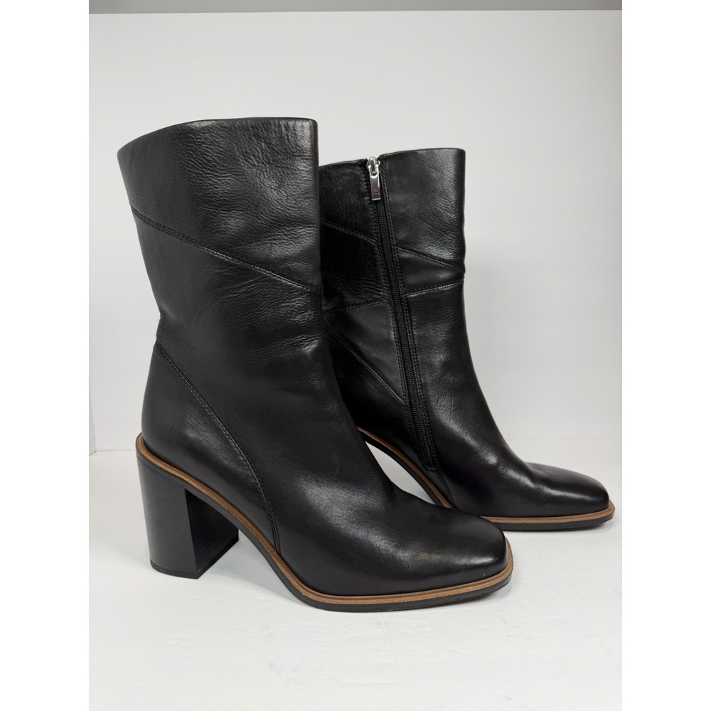 Franco Sarto L-Stevie Black Leather Mid-Calf Block Heel Boots Size 11M
